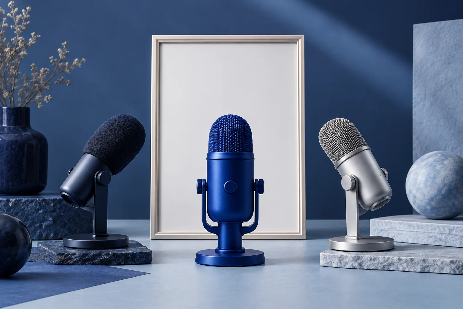 Three microphones around an empty portrait frame, with the central blue microphone in focus.