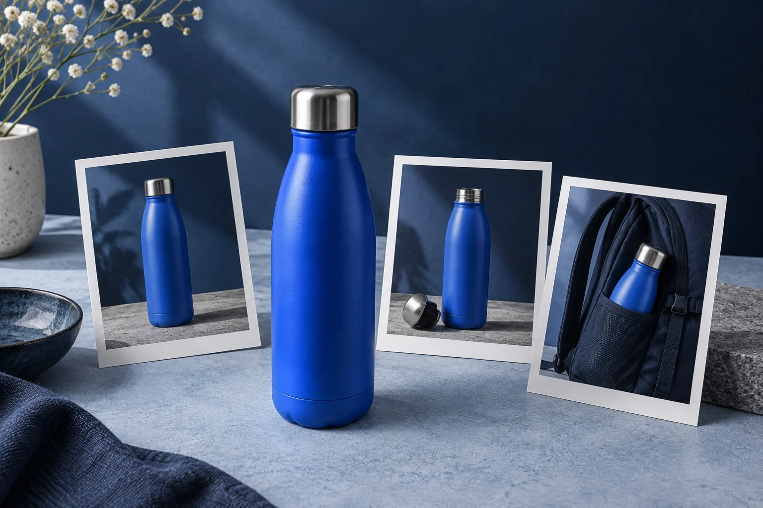 Conceptual illustration of a blue bottle beside photographs showing different views.