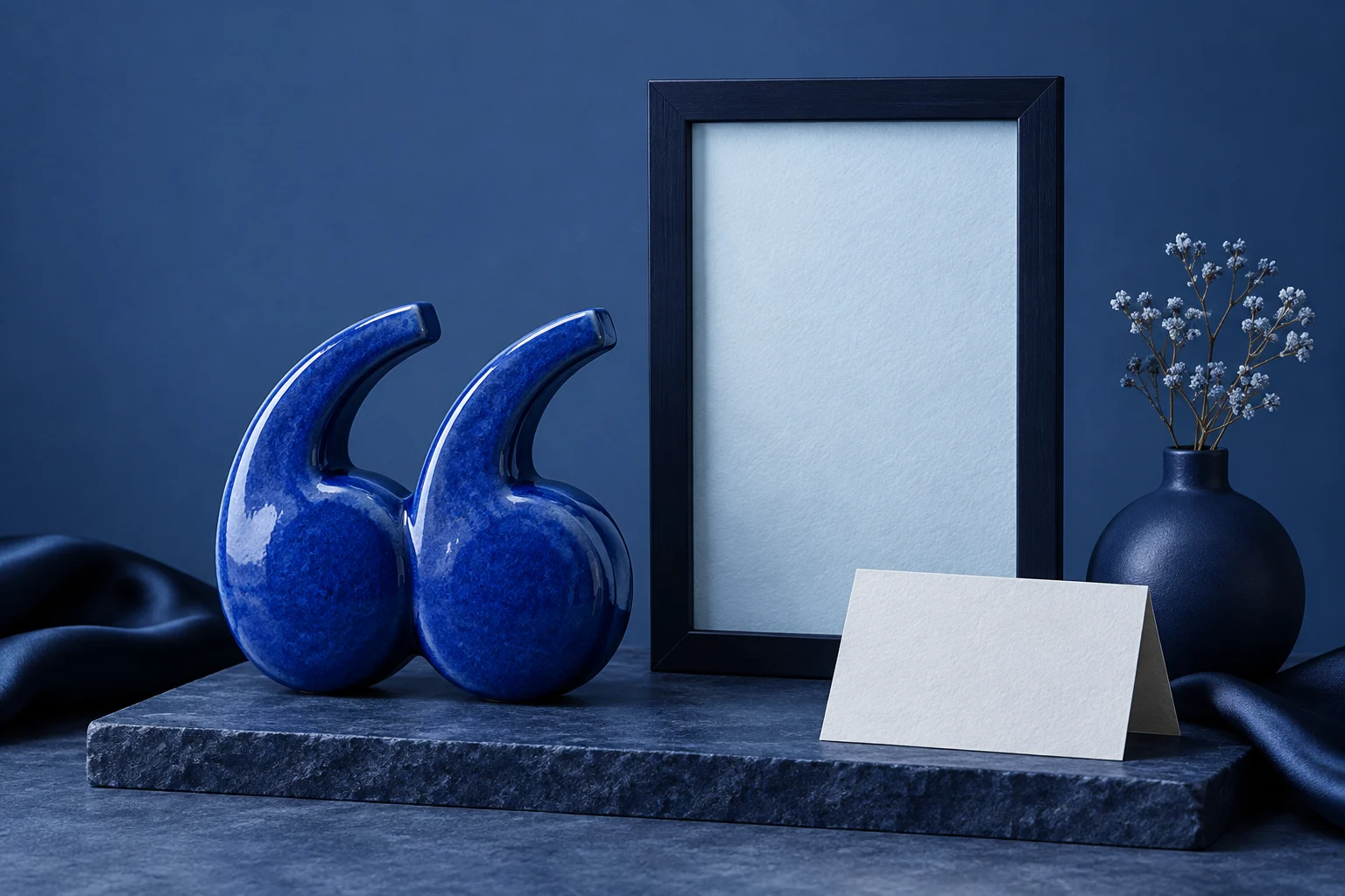 Blue quotation-mark sculpture beside an attribution card and empty vertical frame.