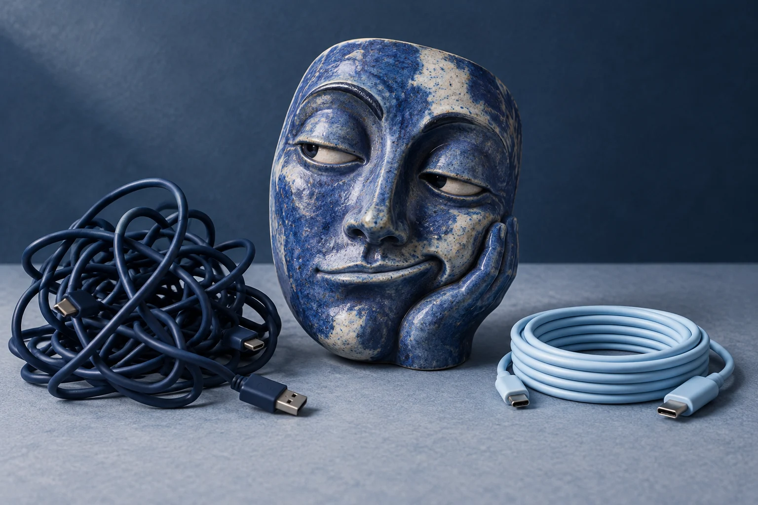 An amused blue ceramic face between a tangled cable and a neatly coiled cable.