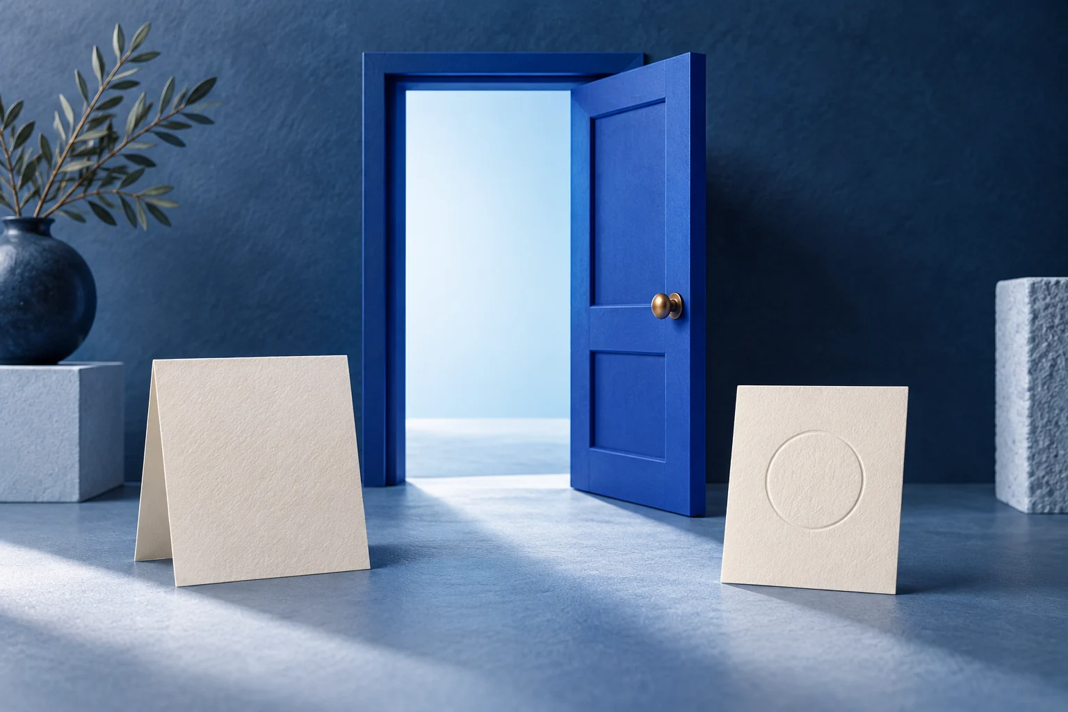 An open blue door frame beside a blank invitation and a simple finished task card.