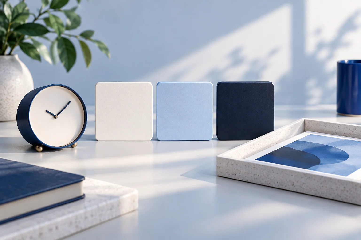 A small clock beside three neutral destination cards and a tray holding a blue print.