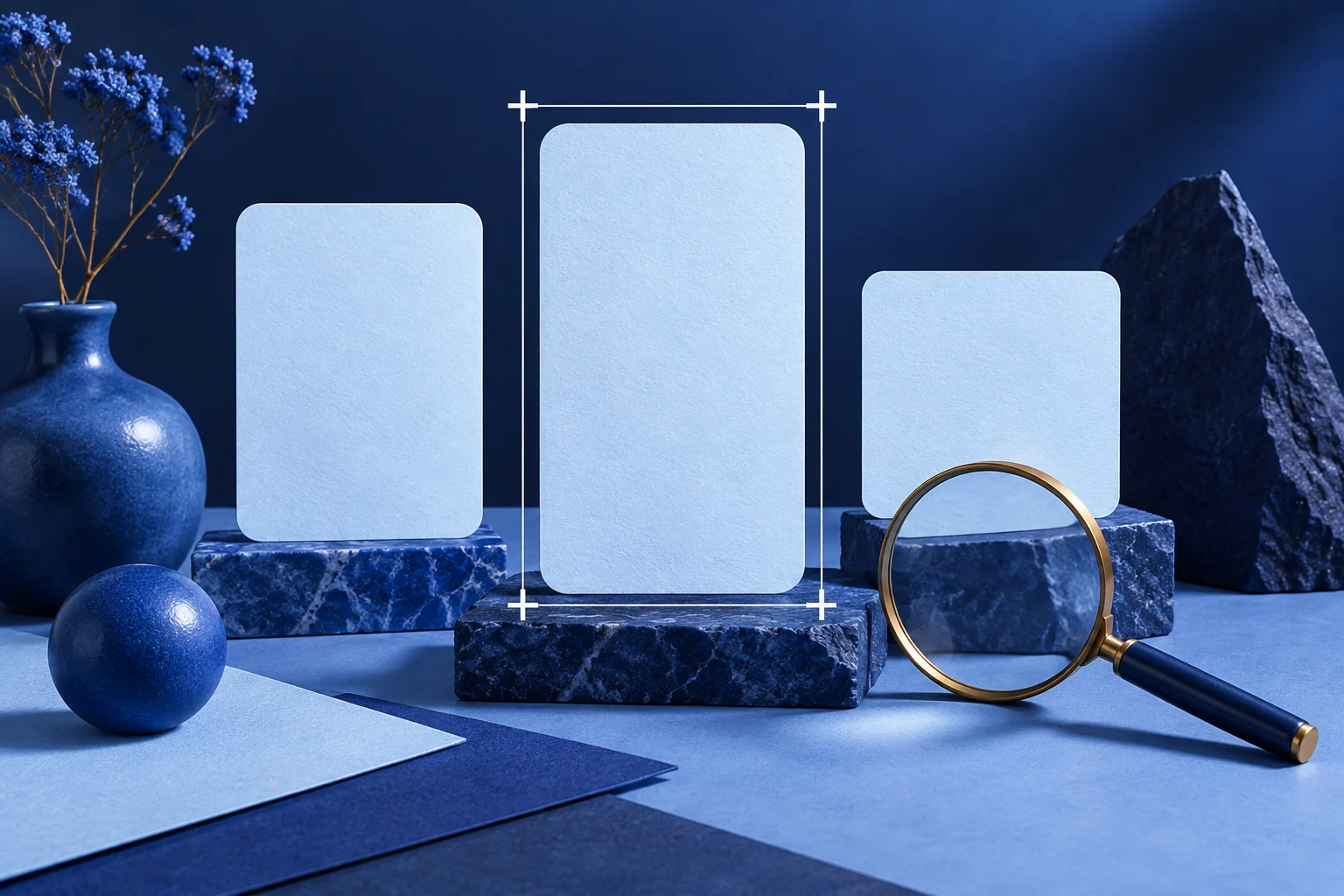 Blank screen frames with crop guides and a magnifying glass.