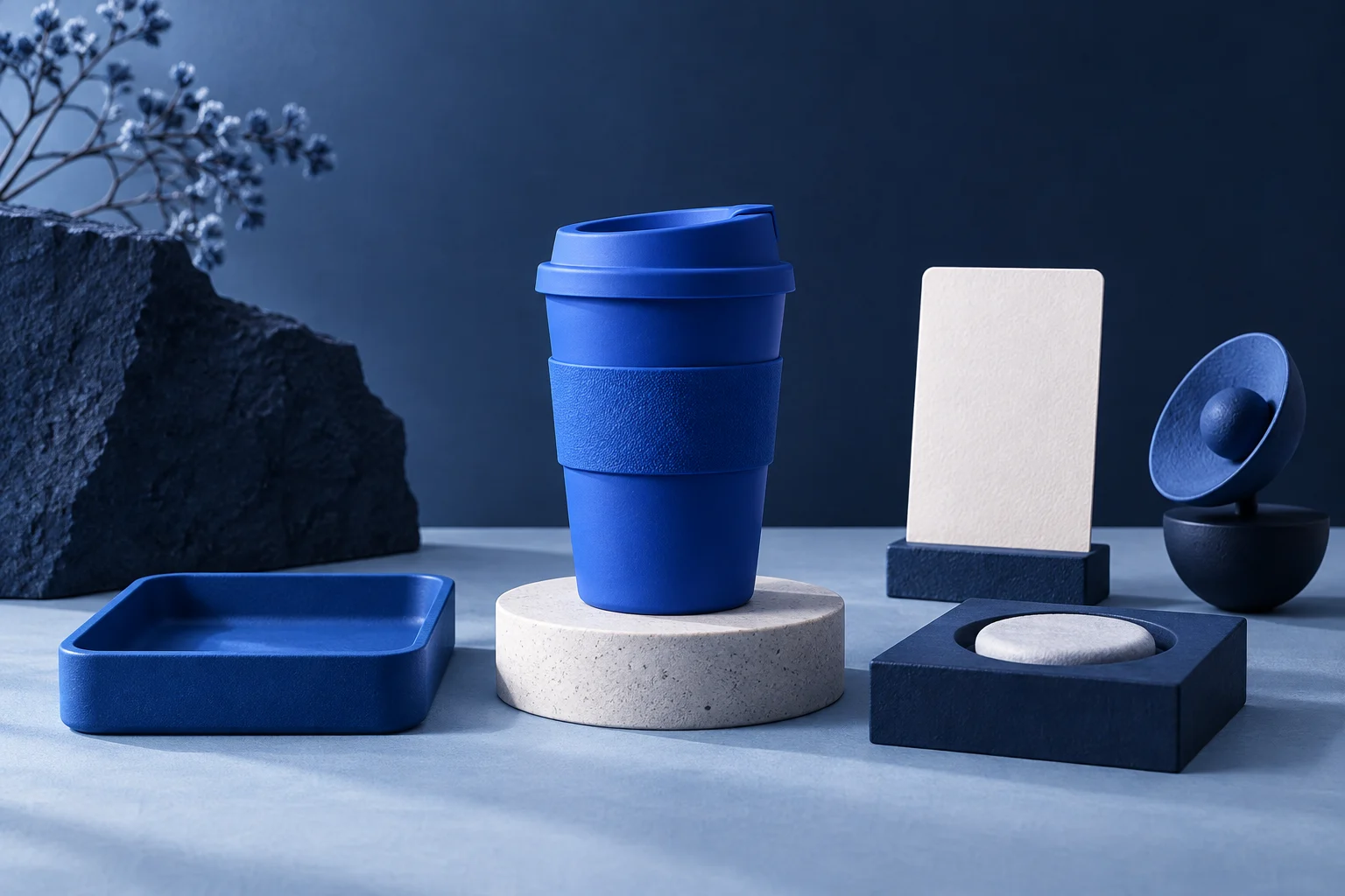 A cup beside three simple return-process stations and a silent speaker sculpture.