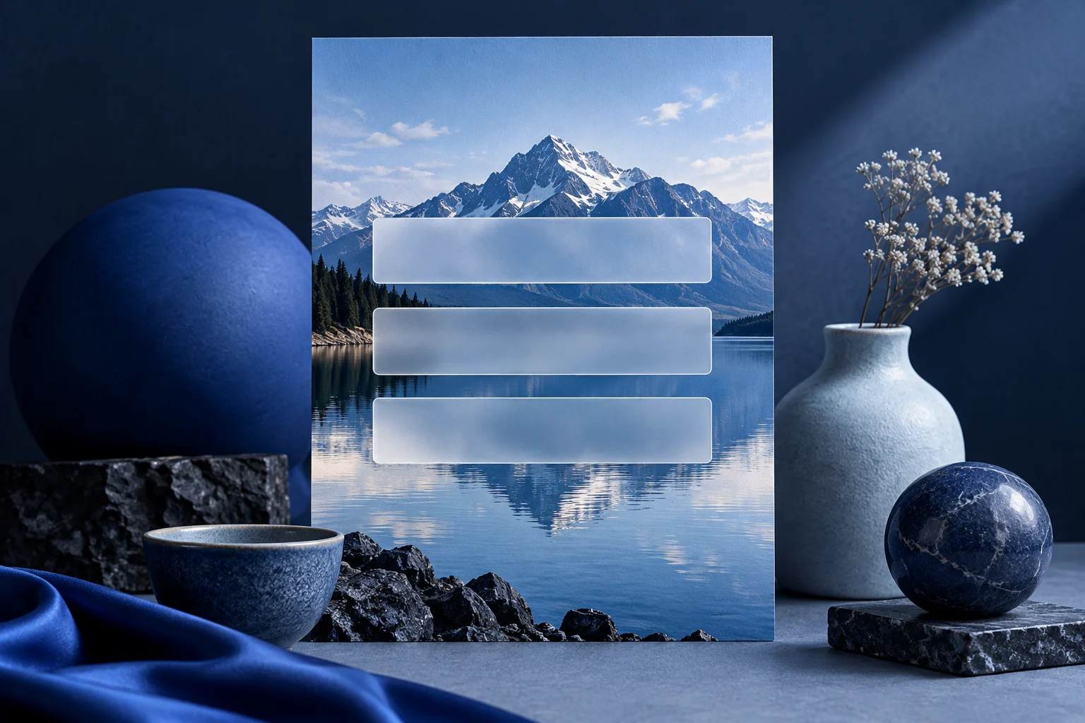 Blank translucent text areas over a calm blue lake image.