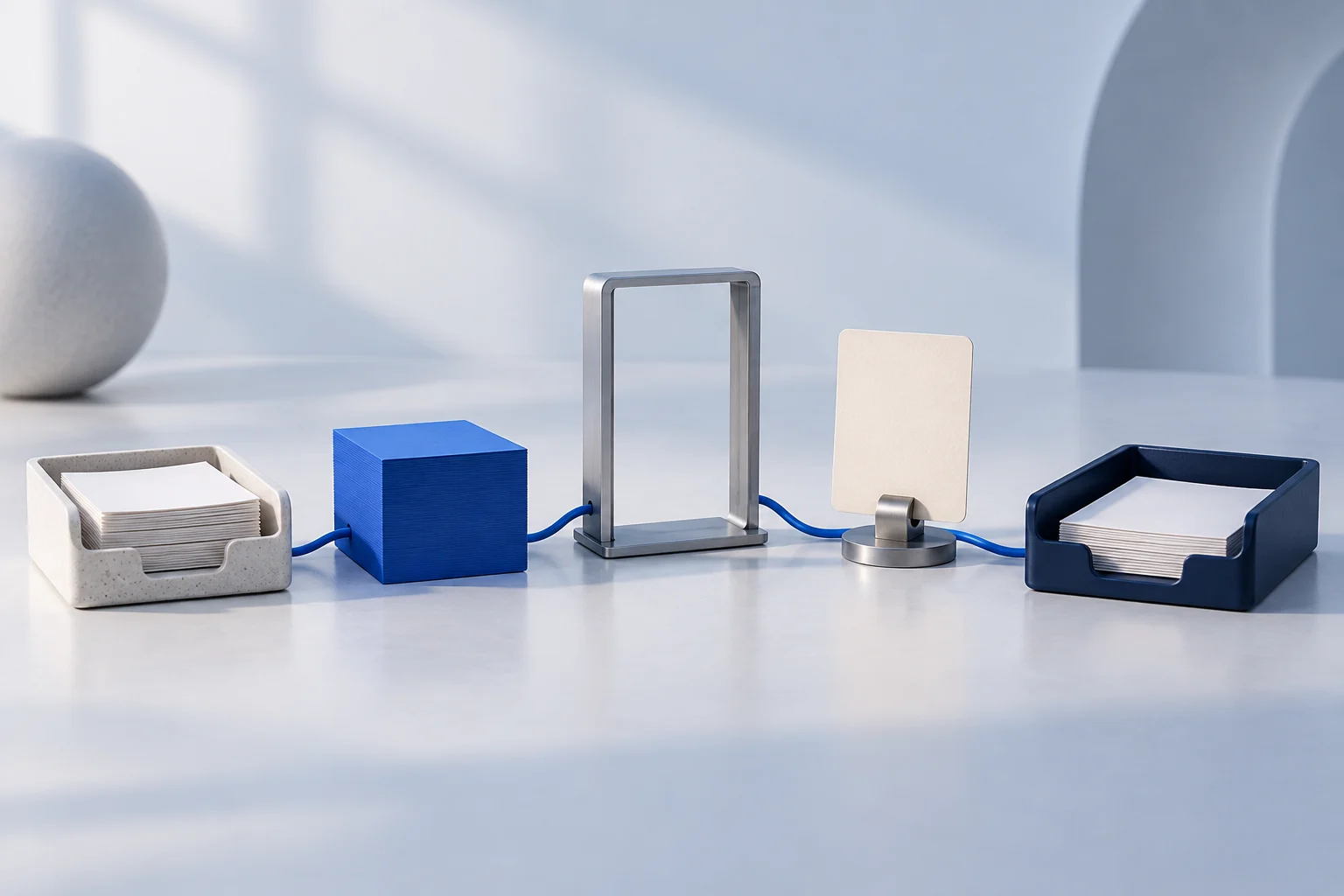 Five physical workflow stations joined by a blue cable, with a distinct review card before the final tray.