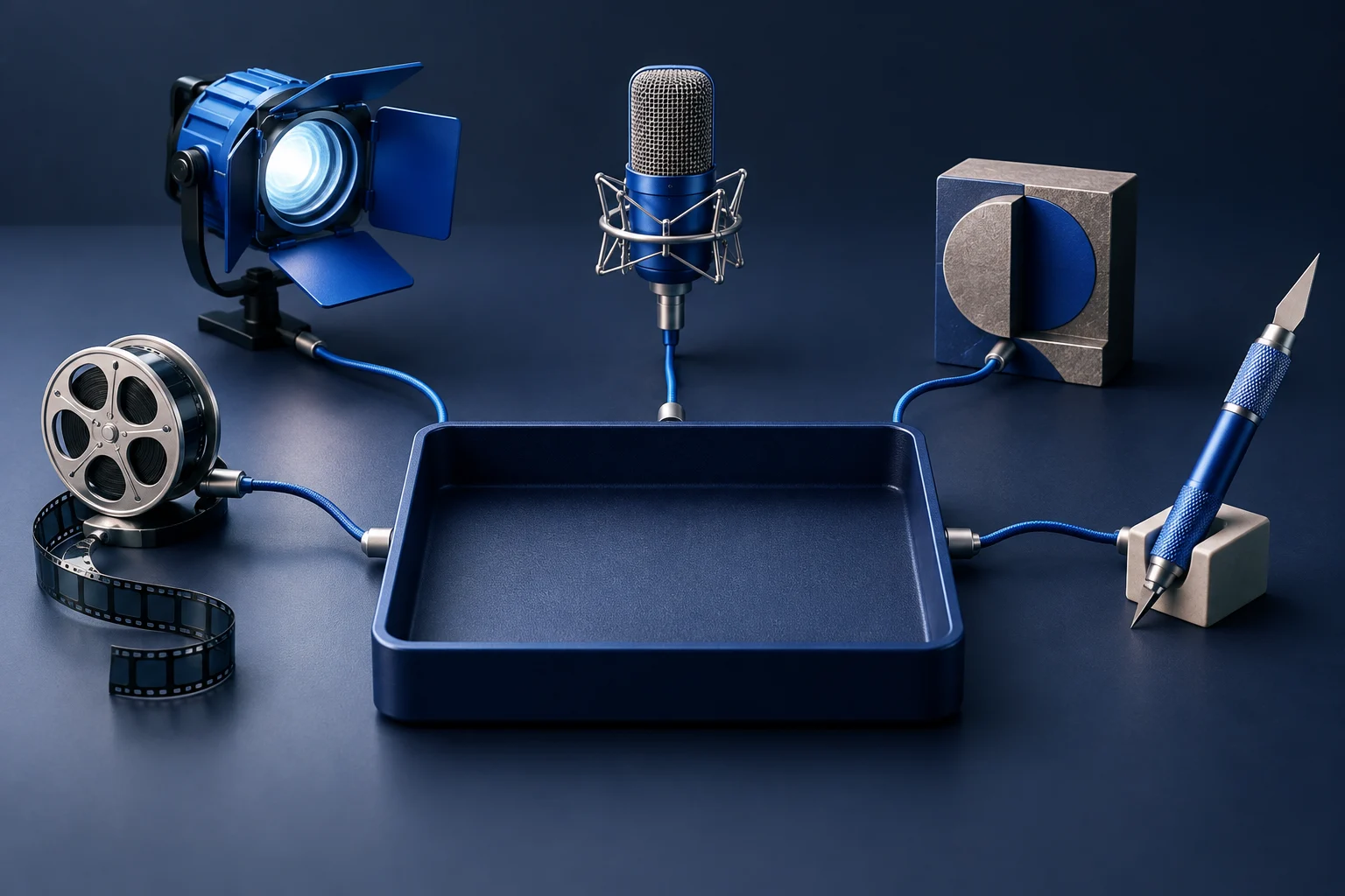Video production tools and a film reel connected by blue cables to a central navy tray.