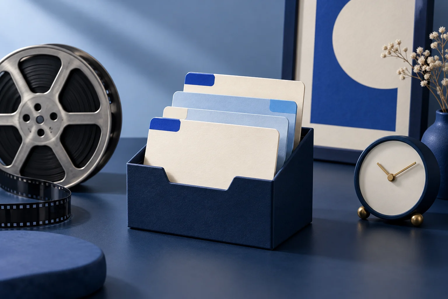 An index-card box of blank prompt cards beside a film reel, framed print and small clock.