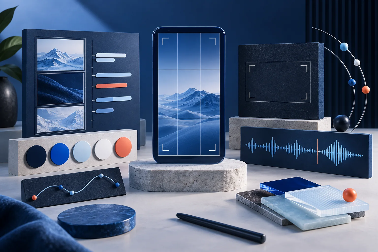 A motion brand kit combines framing, caption rhythm, color, logo space, motion and voice waveform.