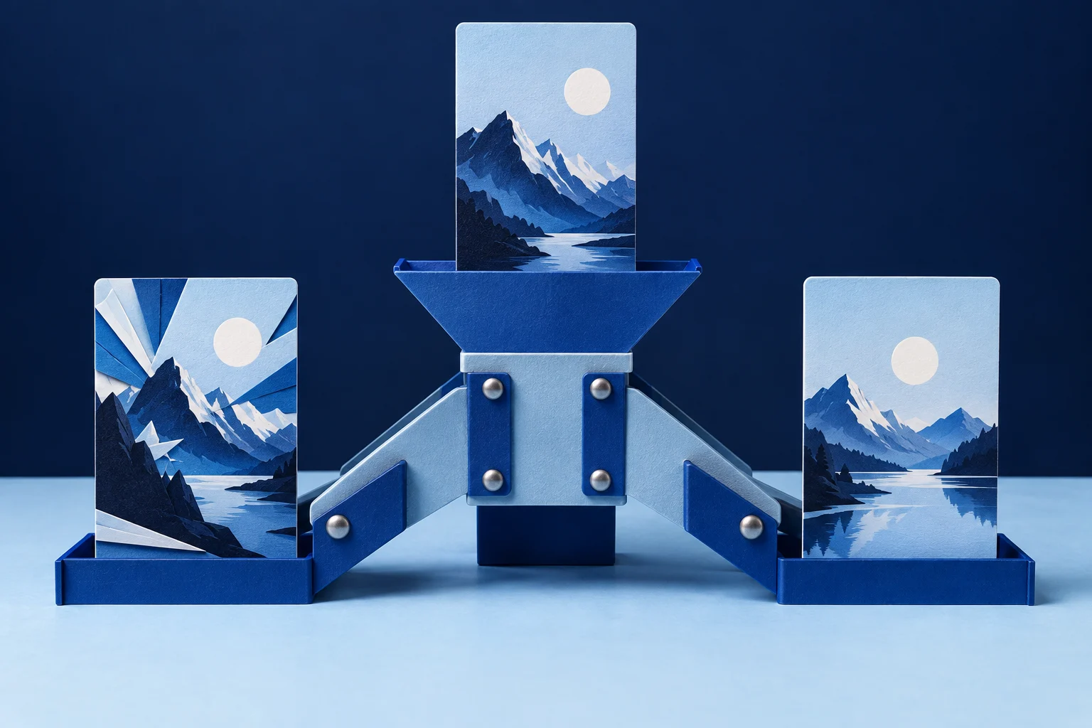 One vertical source card branches into two distinct platform-ready content cards.
