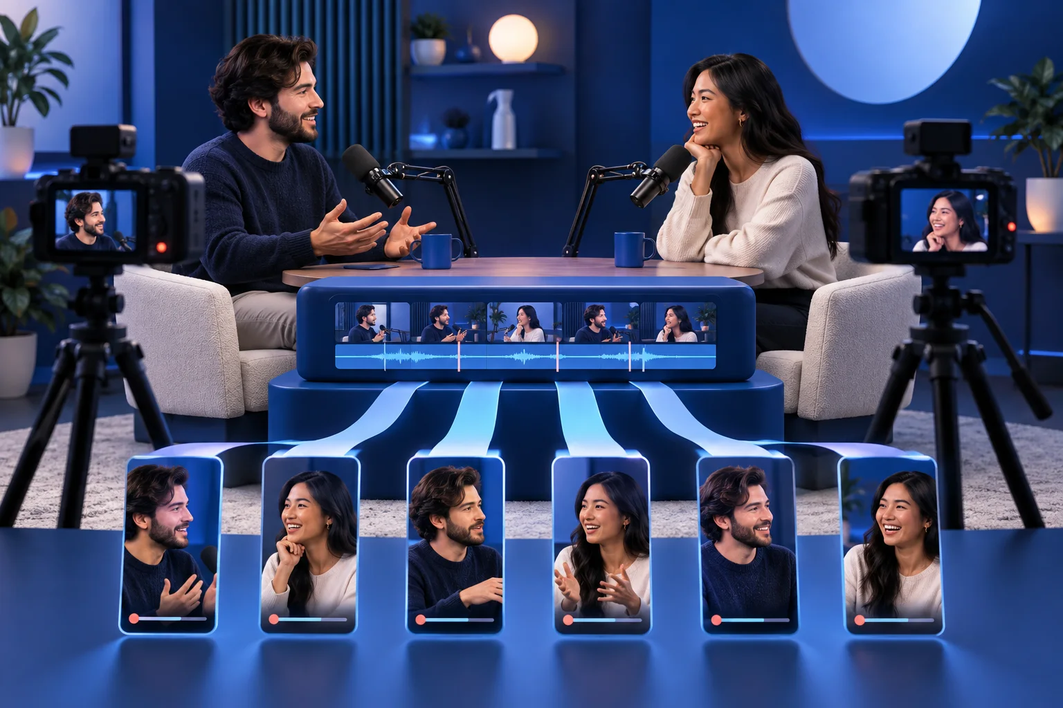 A two-camera podcast feeds vertical excerpts with speaker-aware framing and reaction shots.