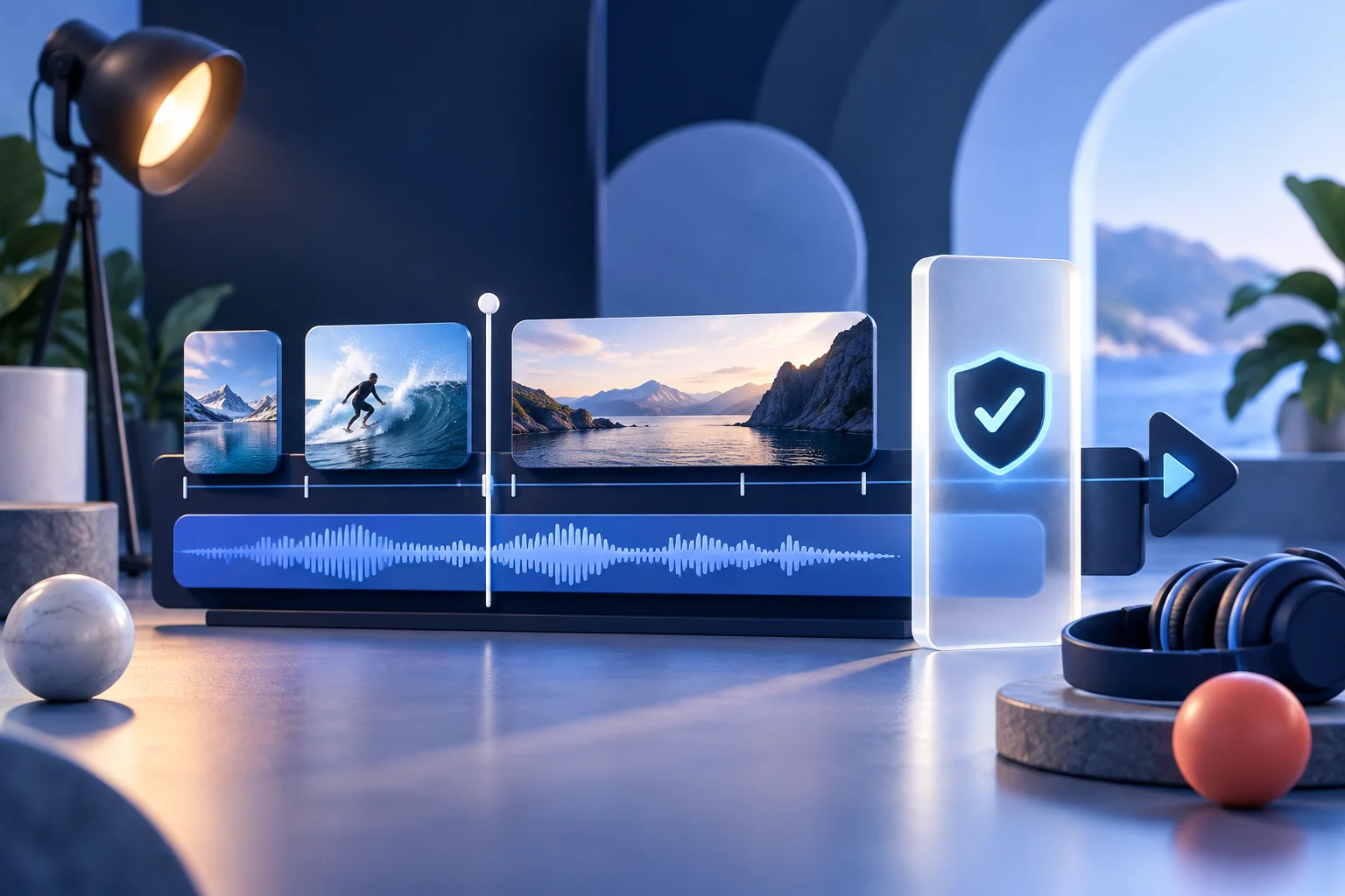 Three vertical story modules of different durations sit beside an isolated music and rights check.